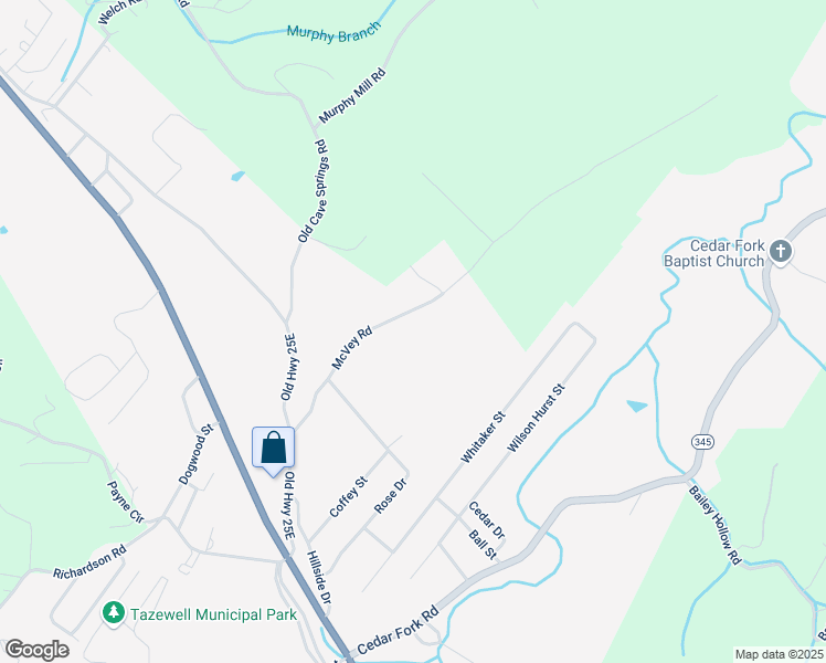 map of restaurants, bars, coffee shops, grocery stores, and more near 345 McVey Road in Tazewell