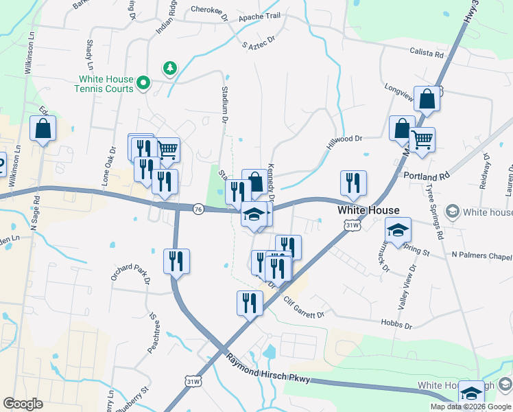 map of restaurants, bars, coffee shops, grocery stores, and more near 408 Highway 76 in White House