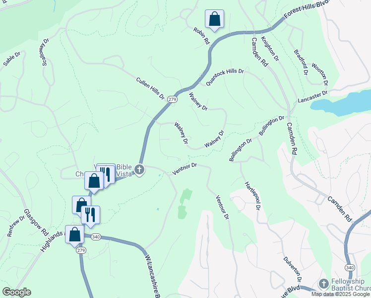map of restaurants, bars, coffee shops, grocery stores, and more near 54 Walney Drive in Bella Vista