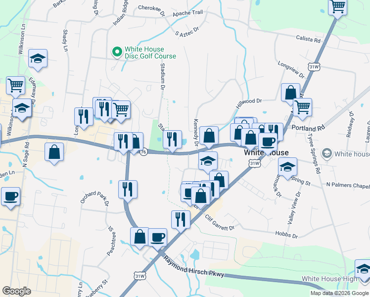map of restaurants, bars, coffee shops, grocery stores, and more near 408 Highway 76 in White House