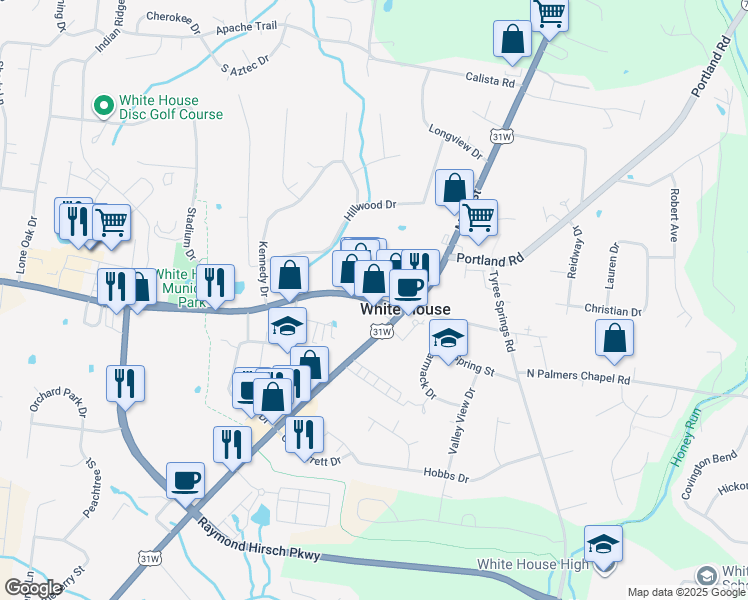 map of restaurants, bars, coffee shops, grocery stores, and more near 122 Tennessee 76 in White House