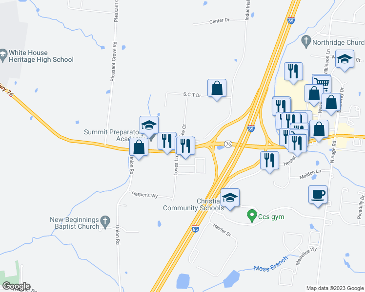 map of restaurants, bars, coffee shops, grocery stores, and more near 962 Highway 76 in White House