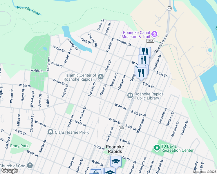 map of restaurants, bars, coffee shops, grocery stores, and more near 221 Monroe Street in Roanoke Rapids