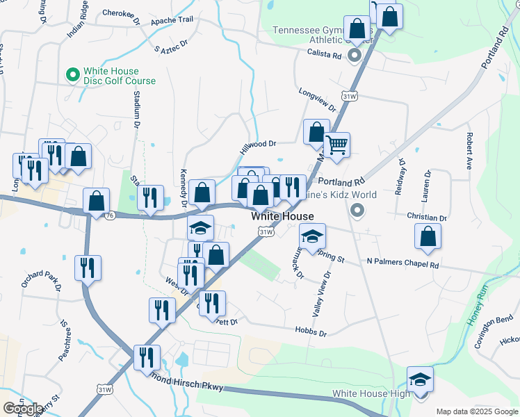map of restaurants, bars, coffee shops, grocery stores, and more near 118 Tennessee 76 in White House
