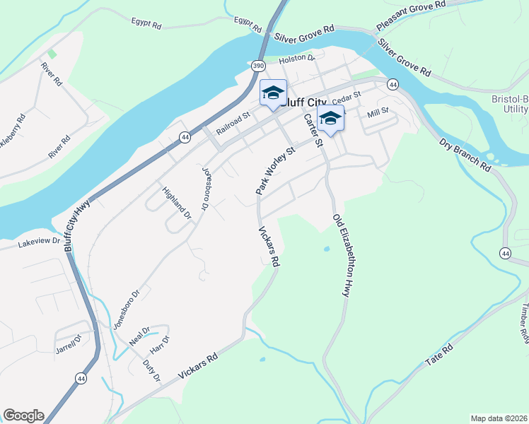 map of restaurants, bars, coffee shops, grocery stores, and more near 418 Cherokee Drive in Bluff City