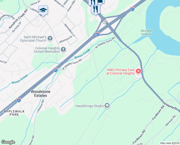 map of restaurants, bars, coffee shops, grocery stores, and more near 1150 West Shipley Ferry Road in Kingsport