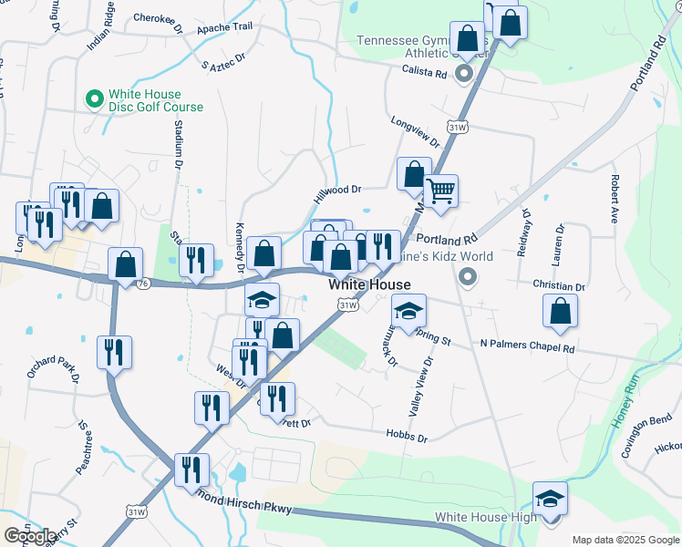 map of restaurants, bars, coffee shops, grocery stores, and more near 118 Tennessee 76 in White House