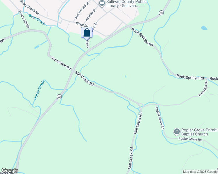 map of restaurants, bars, coffee shops, grocery stores, and more near 235 Mill Creek Road in Kingsport