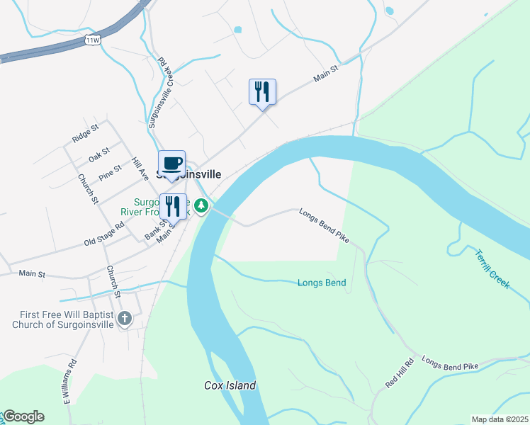 map of restaurants, bars, coffee shops, grocery stores, and more near 1974 Longs Bend Pike in Surgoinsville
