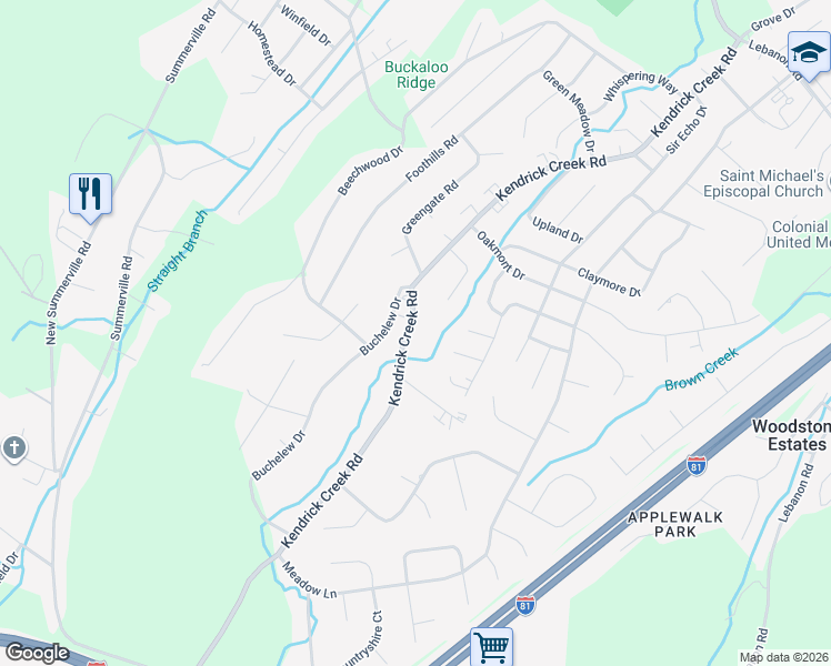 map of restaurants, bars, coffee shops, grocery stores, and more near 1009 Kendrick Creek Road in Colonial Heights