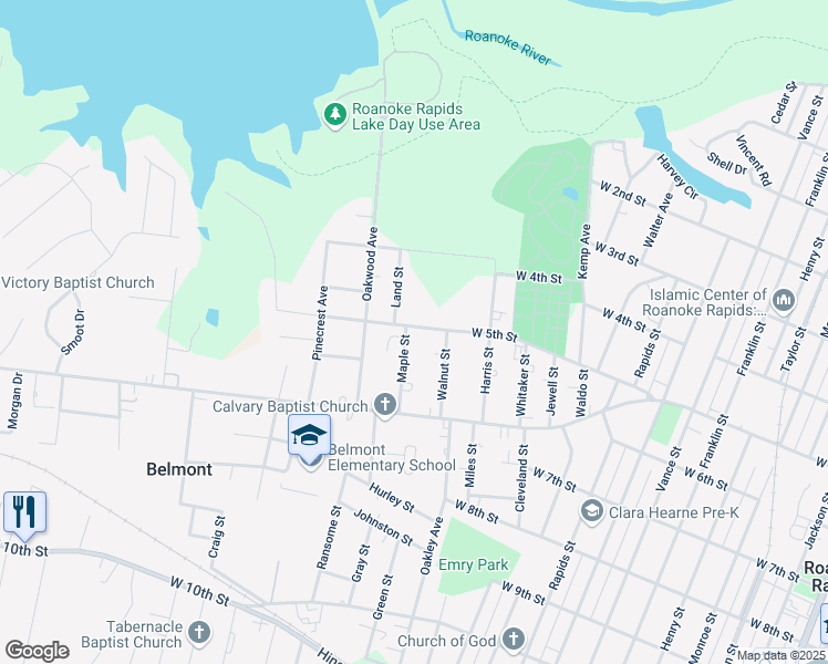 map of restaurants, bars, coffee shops, grocery stores, and more near 502 Maple Street in Roanoke Rapids