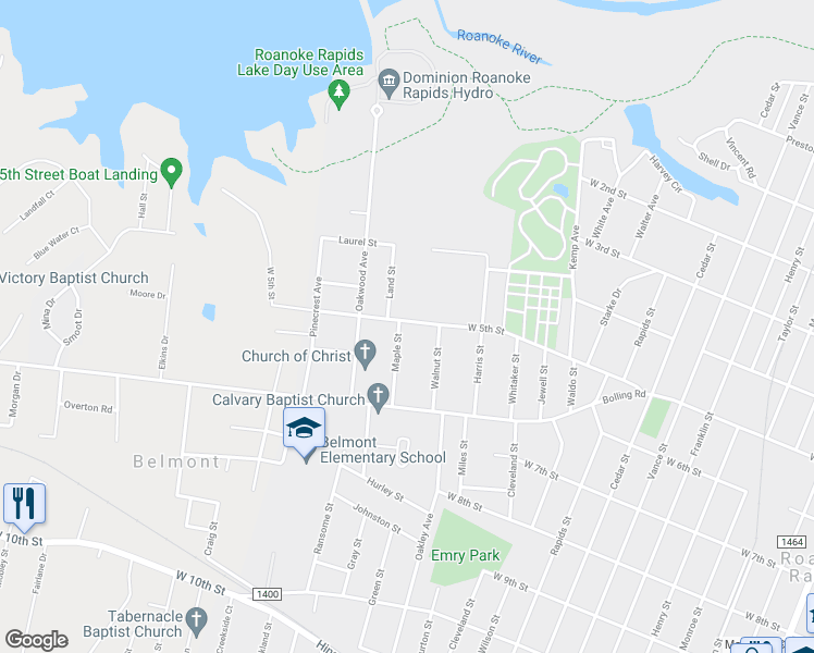 map of restaurants, bars, coffee shops, grocery stores, and more near 502 Maple Street in Roanoke Rapids