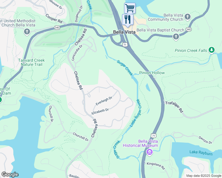 map of restaurants, bars, coffee shops, grocery stores, and more near 37 Elizabeth Drive in Bella Vista