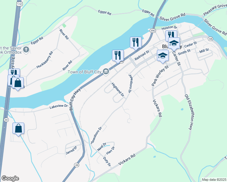 map of restaurants, bars, coffee shops, grocery stores, and more near 301 Highland Drive in Bluff City
