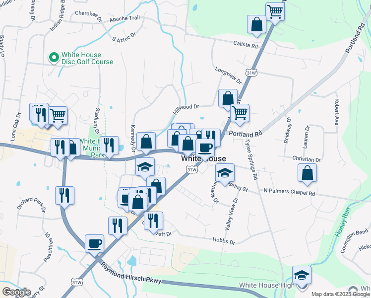 map of restaurants, bars, coffee shops, grocery stores, and more near 122 Tennessee 76 in White House
