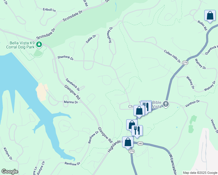 map of restaurants, bars, coffee shops, grocery stores, and more near 5 Singleton Circle in Bella Vista