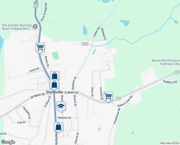 map of restaurants, bars, coffee shops, grocery stores, and more near 117 Gerry Street in Stoneville