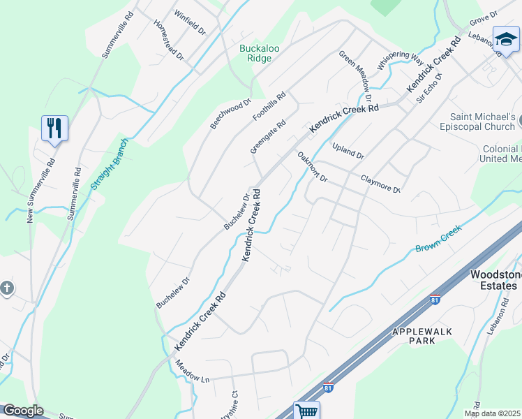 map of restaurants, bars, coffee shops, grocery stores, and more near 1009 Kendrick Creek Road in Colonial Heights