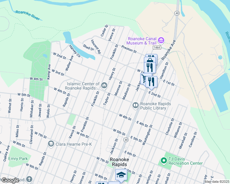 map of restaurants, bars, coffee shops, grocery stores, and more near 221 Monroe Street in Roanoke Rapids