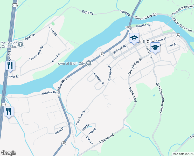 map of restaurants, bars, coffee shops, grocery stores, and more near 301 Highland Drive in Bluff City