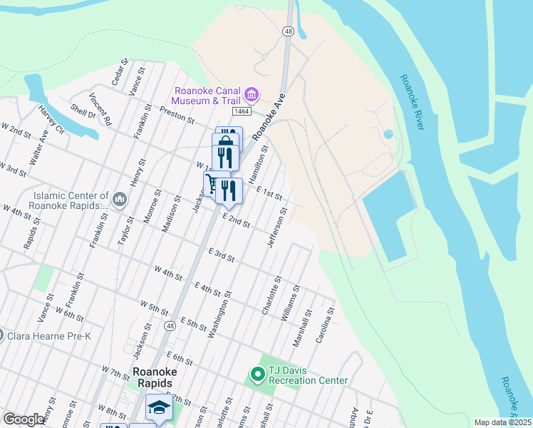 map of restaurants, bars, coffee shops, grocery stores, and more near 152 Washington Street in Roanoke Rapids
