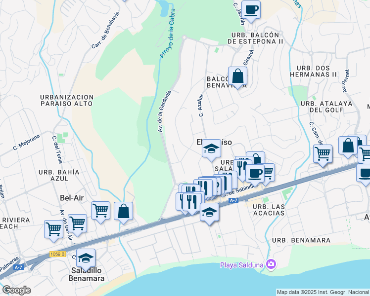 map of restaurants, bars, coffee shops, grocery stores, and more near 128 Calle Hortensia in El Paraíso
