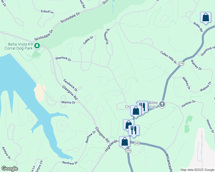 map of restaurants, bars, coffee shops, grocery stores, and more near 5 Singleton Circle in Bella Vista
