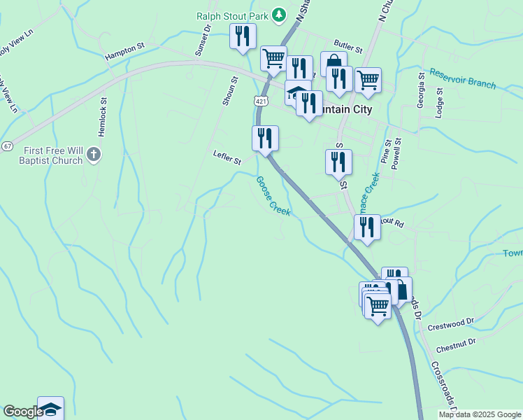 map of restaurants, bars, coffee shops, grocery stores, and more near 322 Atwood Street in Mountain City