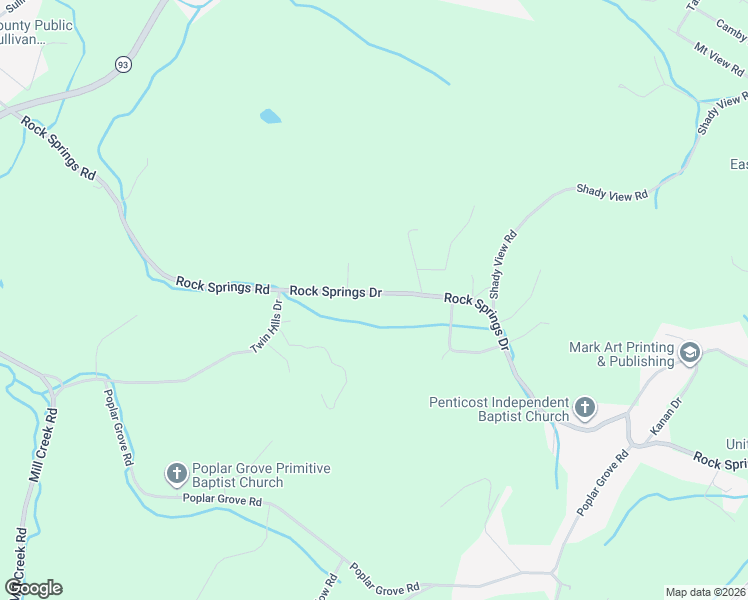 map of restaurants, bars, coffee shops, grocery stores, and more near 628 Rock Springs Drive in Kingsport