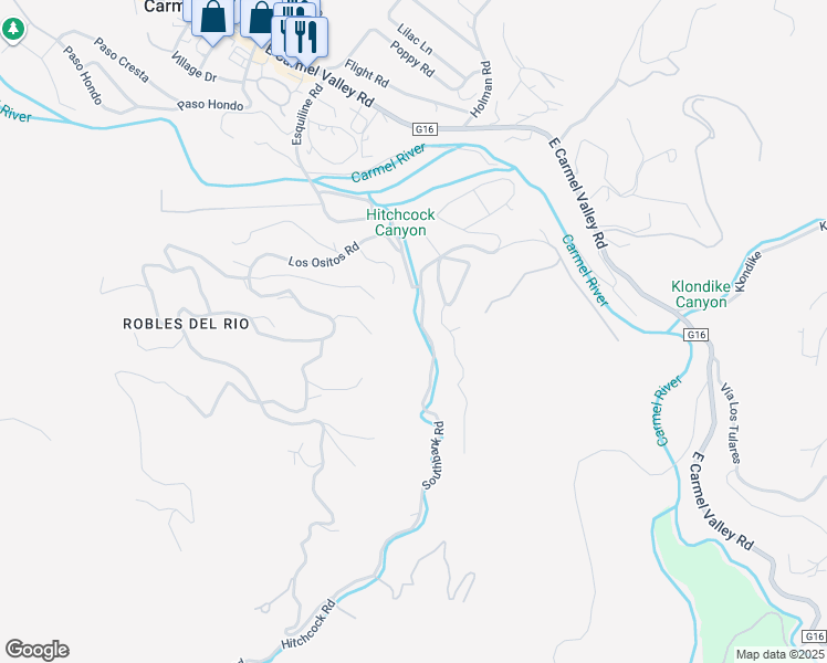 map of restaurants, bars, coffee shops, grocery stores, and more near 11 Southbank Road in Carmel Valley