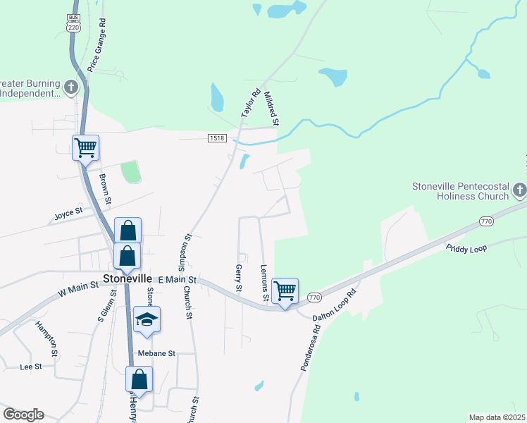 map of restaurants, bars, coffee shops, grocery stores, and more near 116 Oak Street in Stoneville