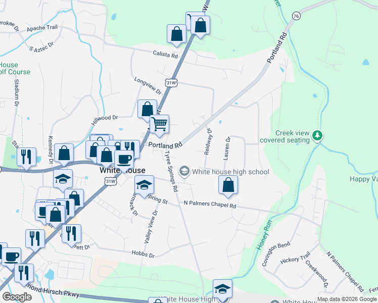 map of restaurants, bars, coffee shops, grocery stores, and more near 108 Ashley Court in White House