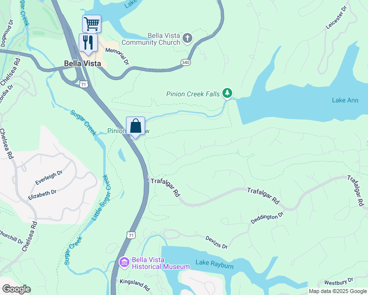 map of restaurants, bars, coffee shops, grocery stores, and more near 100 Buckingham Drive in Bella Vista