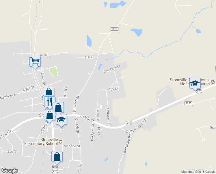 map of restaurants, bars, coffee shops, grocery stores, and more near 116 Oak Street in Stoneville