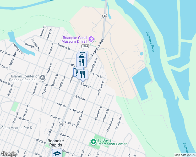 map of restaurants, bars, coffee shops, grocery stores, and more near 152 Washington Street in Roanoke Rapids