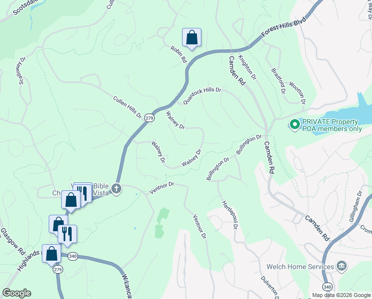 map of restaurants, bars, coffee shops, grocery stores, and more near 39 Walney Drive in Bella Vista