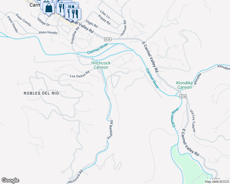 map of restaurants, bars, coffee shops, grocery stores, and more near 42 Upper Circle in Carmel Valley