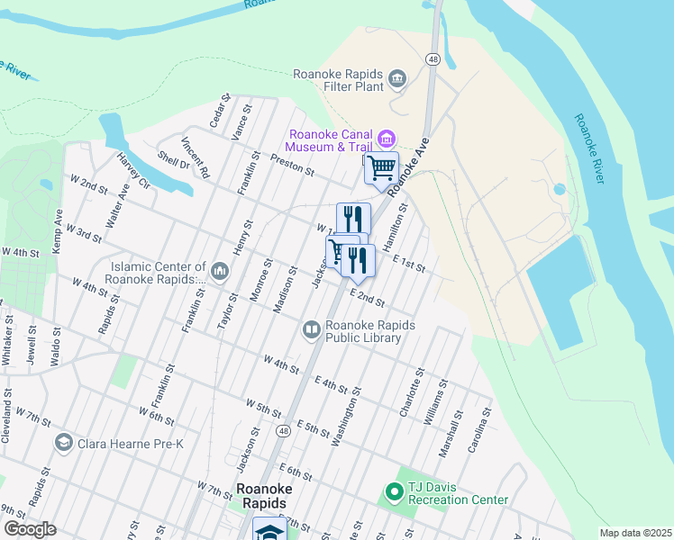 map of restaurants, bars, coffee shops, grocery stores, and more near 175 Roanoke Avenue in Roanoke Rapids