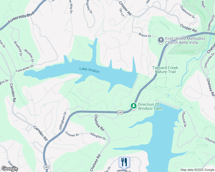 map of restaurants, bars, coffee shops, grocery stores, and more near 40 Swanage Drive in Bella Vista