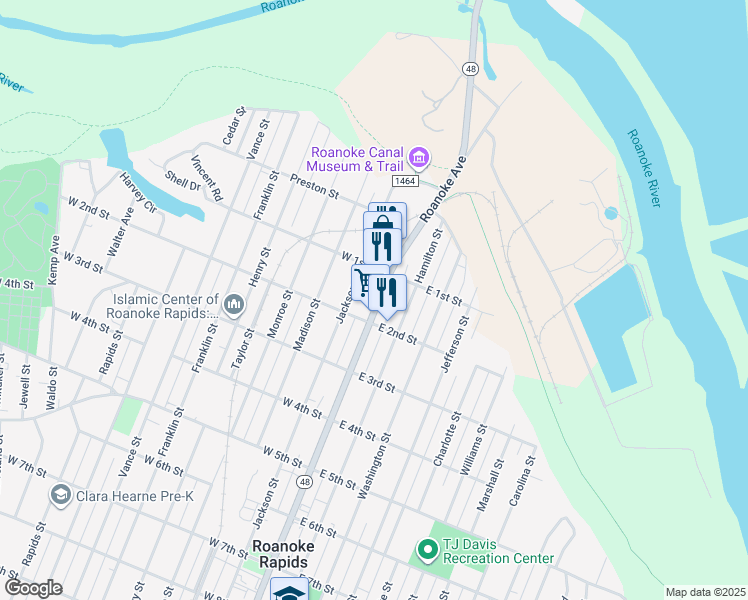 map of restaurants, bars, coffee shops, grocery stores, and more near 175 Roanoke Avenue in Roanoke Rapids