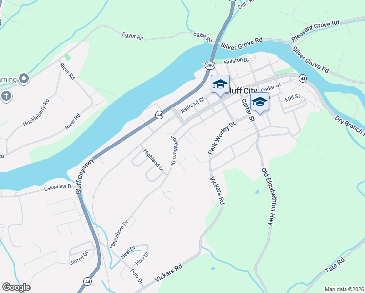 map of restaurants, bars, coffee shops, grocery stores, and more near 324 Cedar Street in Bluff City