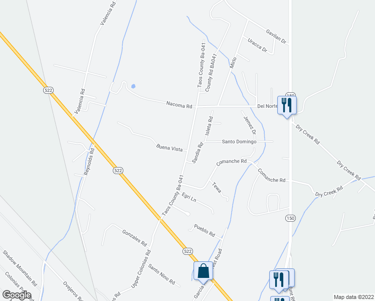 map of restaurants, bars, coffee shops, grocery stores, and more near Taos County Ba-041 in El Prado