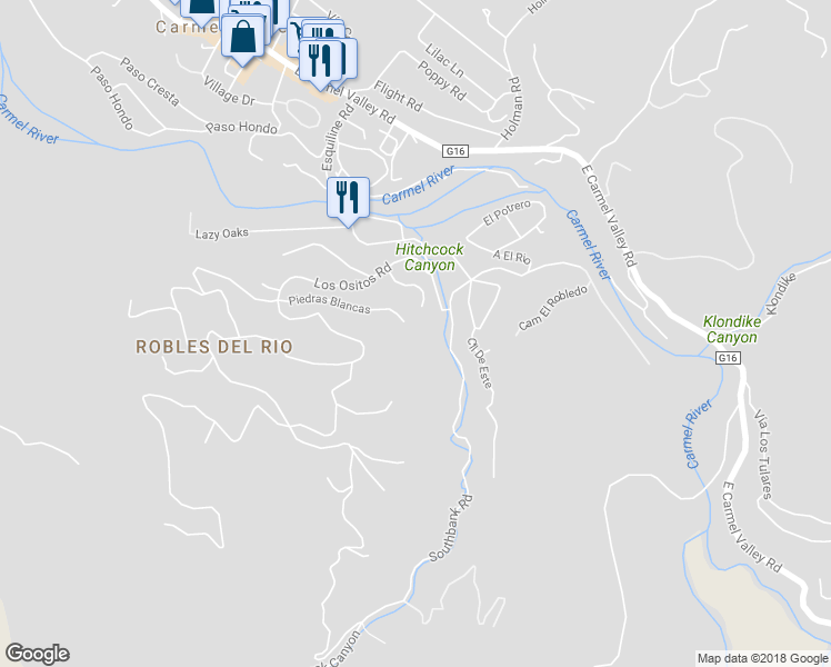 map of restaurants, bars, coffee shops, grocery stores, and more near 84 Piedras Blancas in Carmel Valley