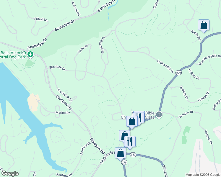 map of restaurants, bars, coffee shops, grocery stores, and more near 1 Smalley Lane in Bella Vista
