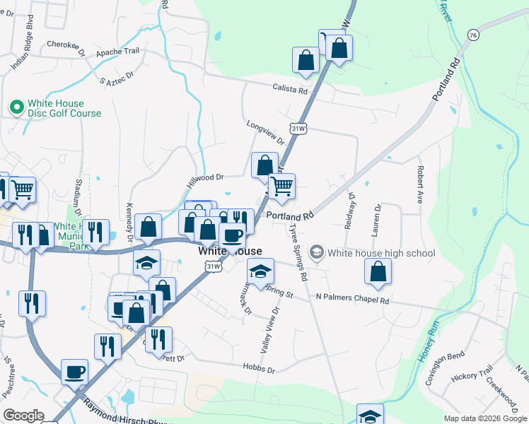 map of restaurants, bars, coffee shops, grocery stores, and more near 3300 U.S. 31W in White House