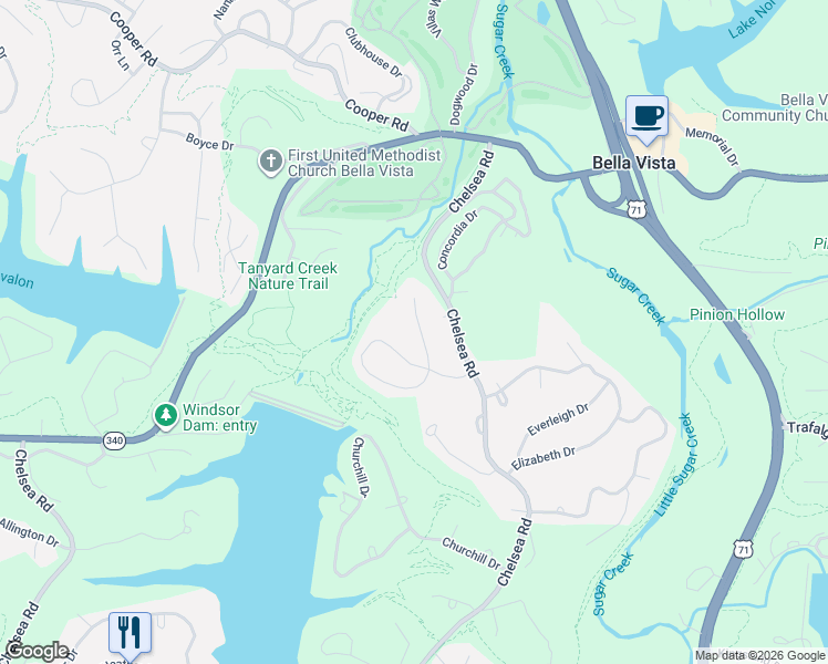 map of restaurants, bars, coffee shops, grocery stores, and more near 14 Adams Lane in Bella Vista