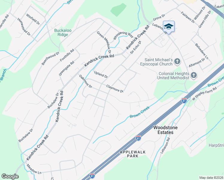 map of restaurants, bars, coffee shops, grocery stores, and more near 304 Claymore Drive in Kingsport