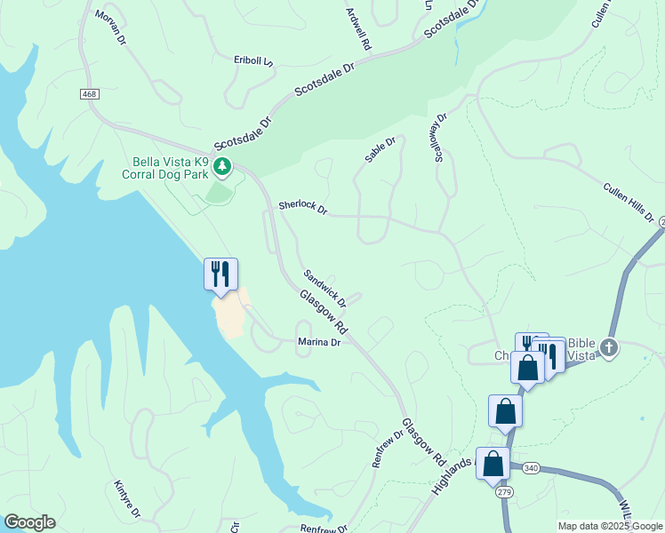 map of restaurants, bars, coffee shops, grocery stores, and more near 34 Sandwick Drive in Bella Vista