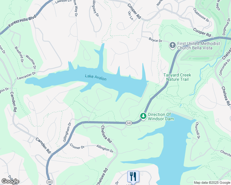 map of restaurants, bars, coffee shops, grocery stores, and more near 40 Swanage Drive in Bella Vista