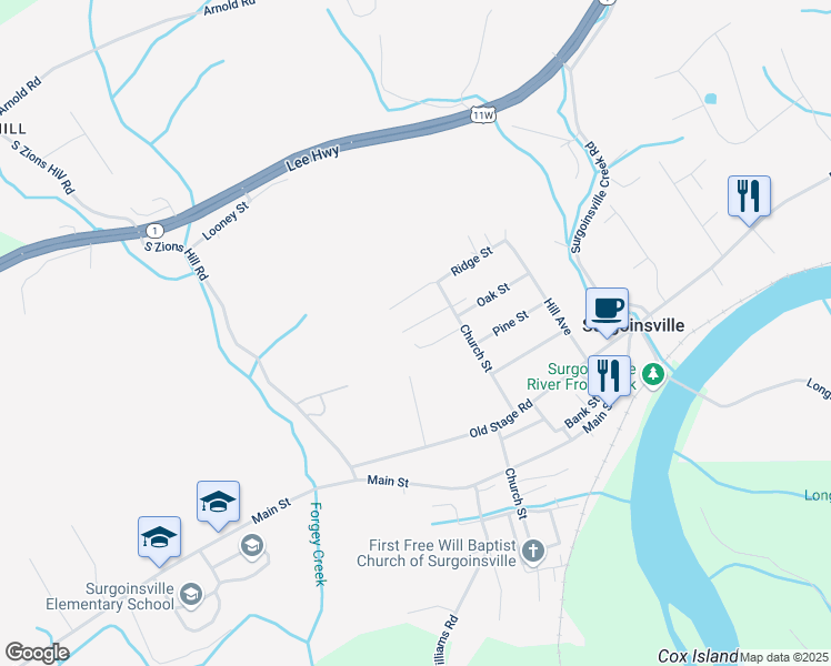 map of restaurants, bars, coffee shops, grocery stores, and more near 115 Goodson Street in Surgoinsville